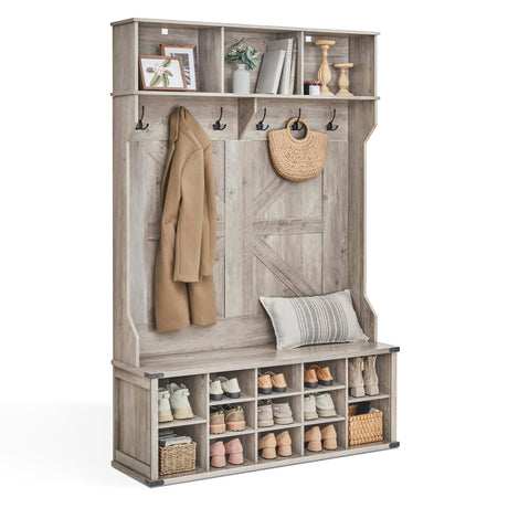 VASAGLE Hall Tree with Bench and Shoe Storage, Coat Rack with Shoe Bench, Entryway Furniture, 16 Open Compartments & Adjustable Shelf, 6 Tri-Hooks, Farmhouse Wooden Style, Heather Greige VASAGLE