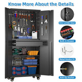 GangMei 71"H Garage Storage Cabinet with Wheels, Drawer, Pegboard and 16 Hooks, Metal Storage Cabinet with Locking Doors and 2 Adjustable Shelves for Garage, Warehouse, Home, Black, Assembly Required GangMei