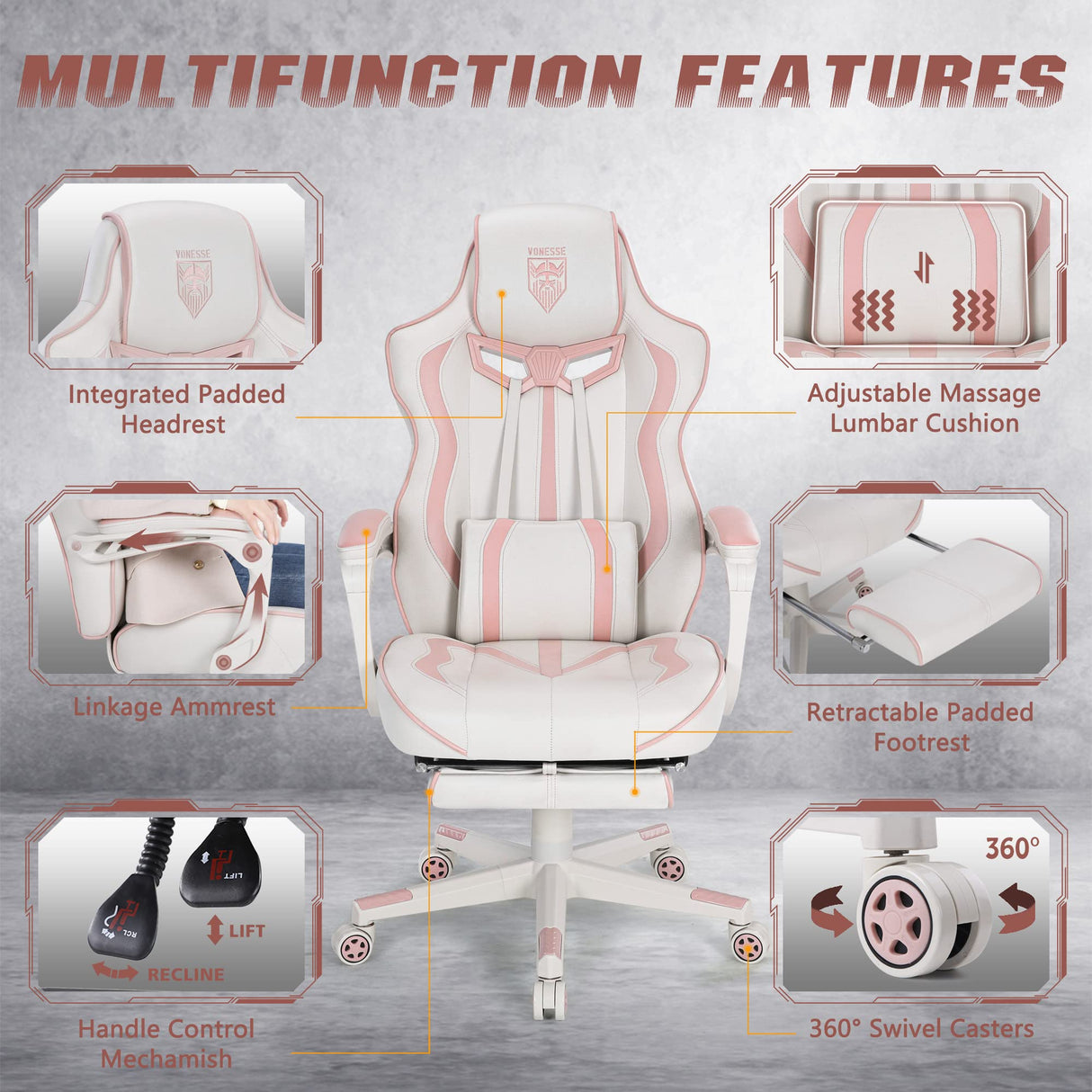 Vonesse Pink Gaming Chair for Girls, Pink Computer Gaming Chairs for Adults, Reclining Gamer Chair with Footrest with Massage, Ergonomic Home Office Gaming Chair High Back (White/Pink) Vonesse