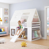 Spirich Kids Bunk Bed with Slide and Ladder, House Bed for Kids with Bed Tent, Playhouse Style Wooden Twin Loft Bed Frames with Roof, Windows, White Spirich