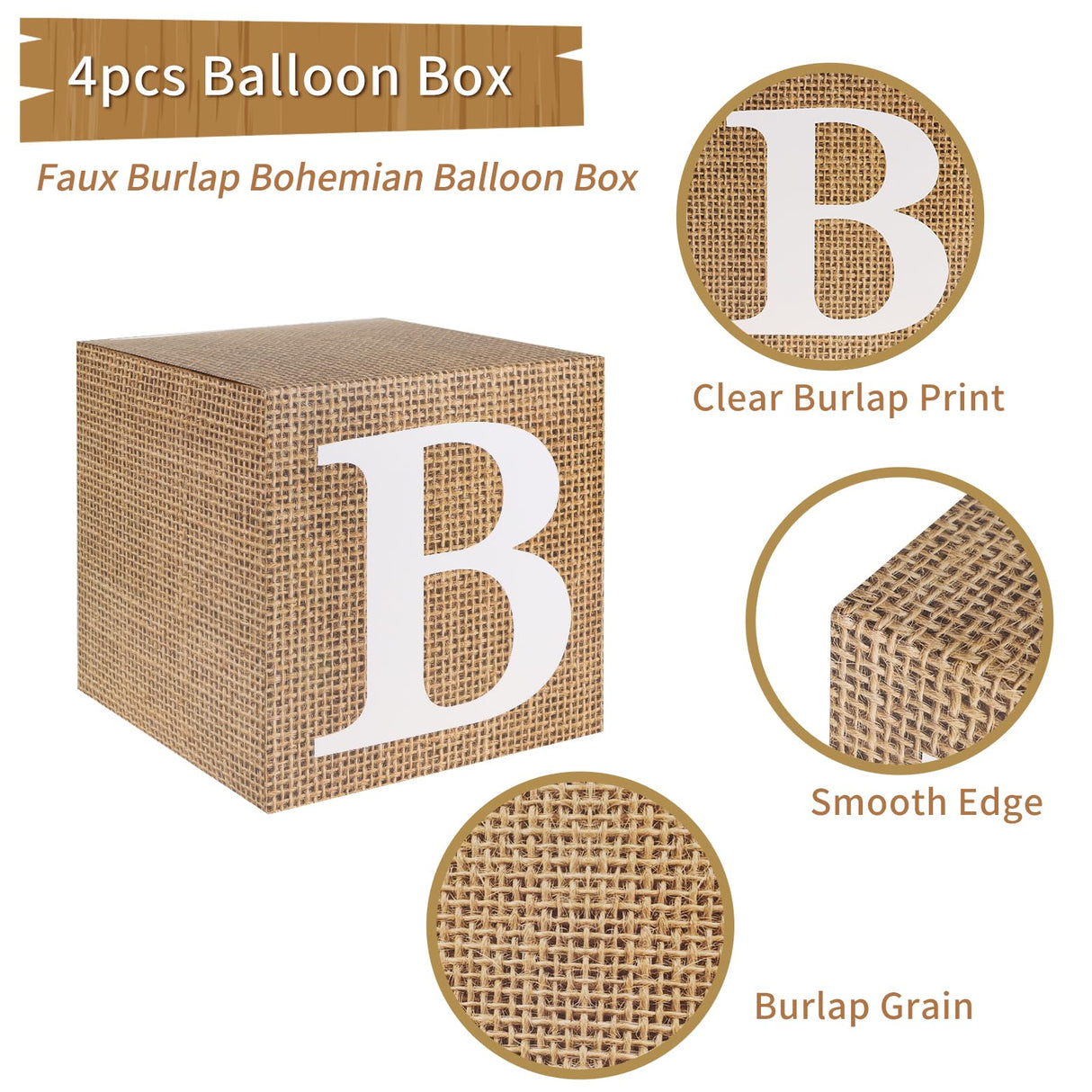 RUBFAC Baby Boxes with Letters for Baby Shower, 4pcs Rustic Farmhouse Style Boho Balloon Boxes with Burlap Grain for Birthday Gender Reveal Decoration Backdrop Photo Props rubfac
