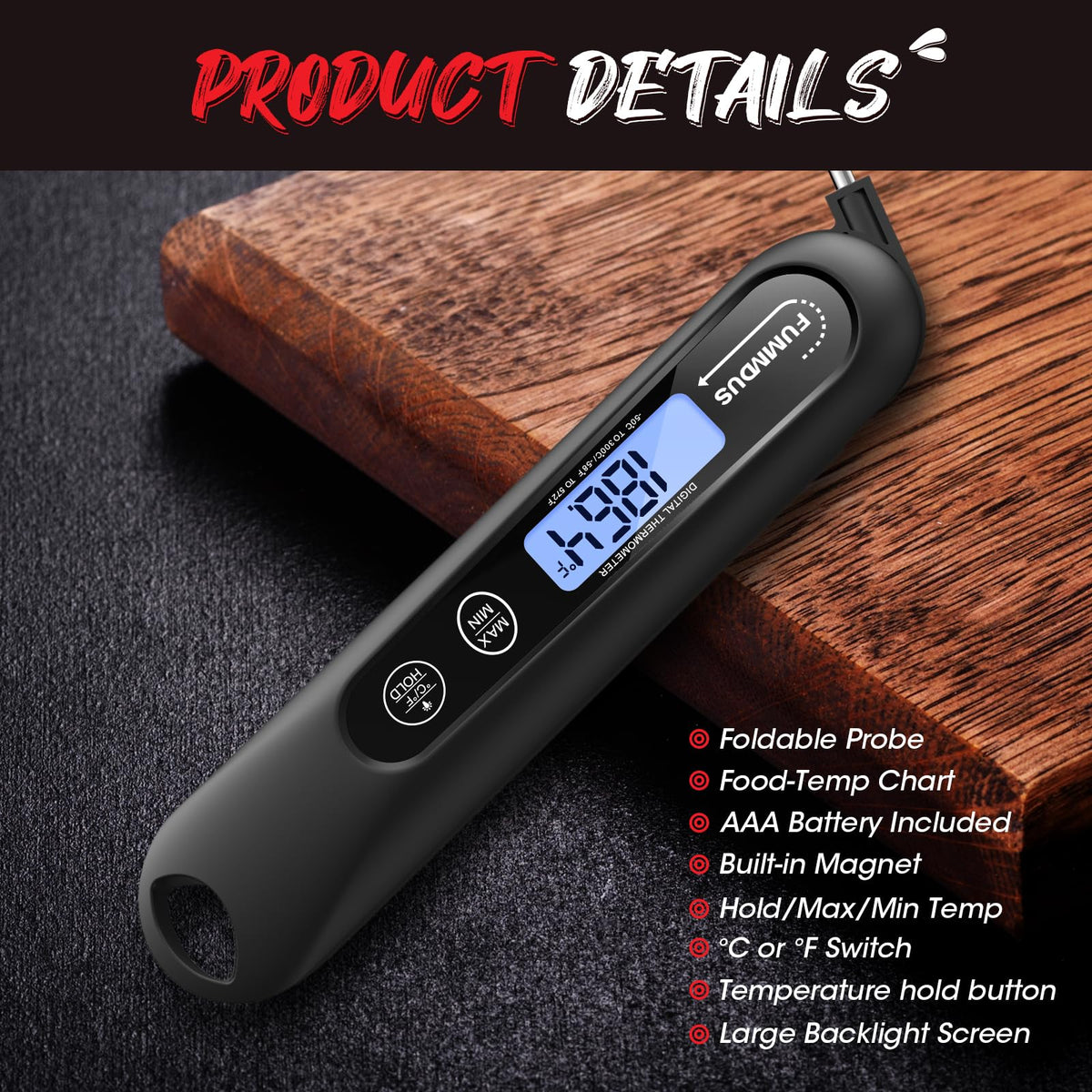 FUMMDUS Meat Thermometer Digital, 3S Instant Read Food Thermometer for Cooking with Backlight & Magnet, Foldable Temperature Probe Kitchen Gadgets Essentials for BBQ Oven Grill Smoker Candy FUMMDUS