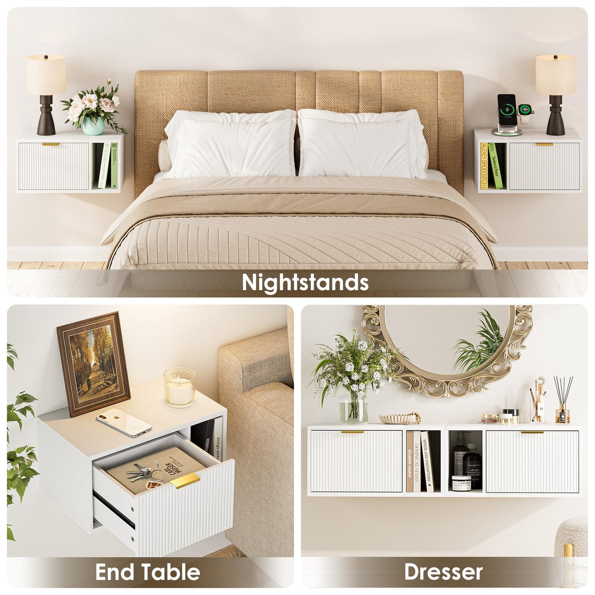 Masupu Floating Nightstand, Wall Mounted Floating Bedside Table with Storage Drawer and Open Shelf, Modern Bedroom Nightstand, 19.3" x 11.4" x 10", White Masupu