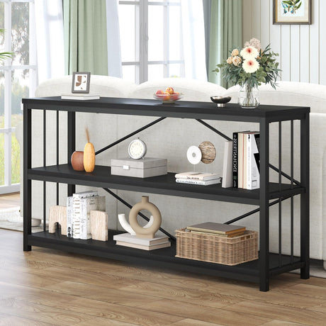 HSH Black Horizontal Bookcase, Metal and Wood Low Bookshelves with 3 Tier Shelf for Home Office, Modern Wooden Wide Open Etagere Bookcase with Storage for Bedroom Living Room, Black Oak, 55 Inch HSH