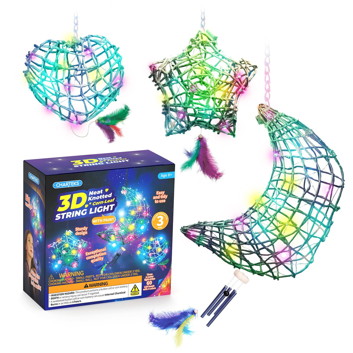 CHARTEKS 3D String Light Craft Kit with Paint for Kids, 3 Projects Pack String Art Kit with 60 LED Bulbs, Wind Chime, Arts and Crafts Set, Birthday Gifts for Girls and Boys Ages 8+ (Corn-Leaf String) CHARTEKS
