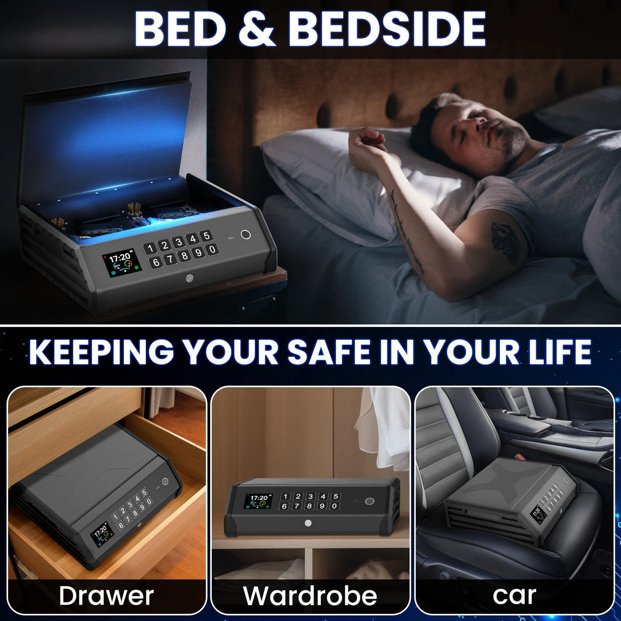 Smart Gun Safe, 4 Ways Biometric PistolRechargeable Safe withFingerprint/Keypad/Key/APP Lock, APPControl, LCD Display, Emergency PowerSupply Handgun Lock Box for HomeBedroom, Car soliles