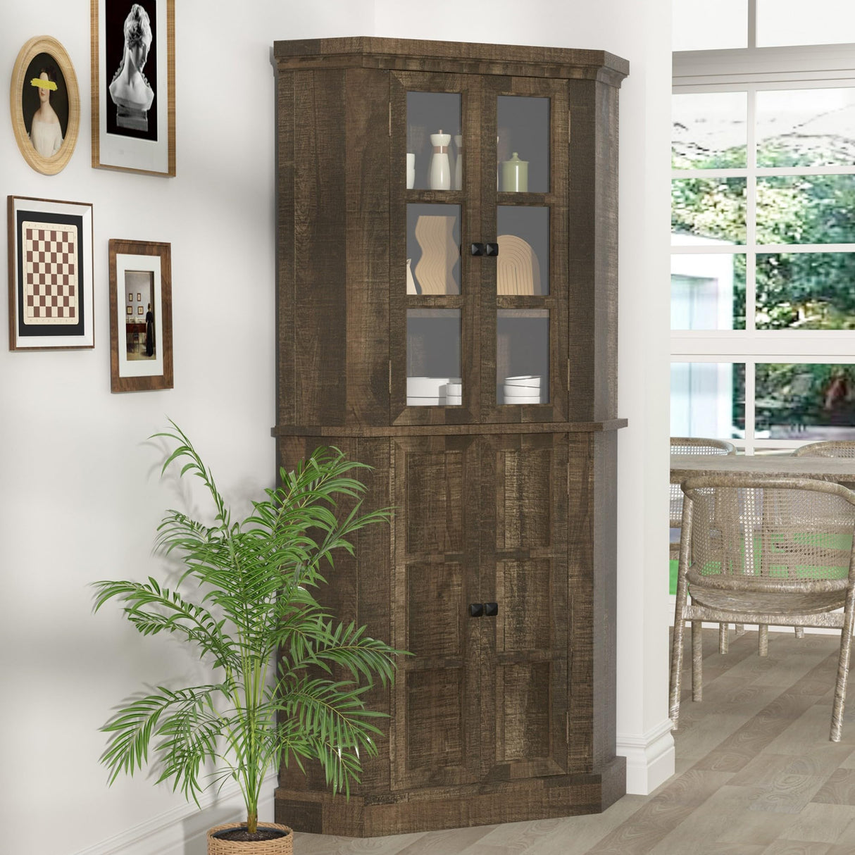 Betterhood Corner Storage Cabinet, 67" Kitchen Corner Cabinet with Glass Doors, Farmhouse Tall Corner Display Cabinet with Adjustable Shelves for Dining Room, Living Room, Rustic Brown Betterhood