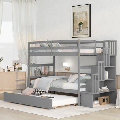 Harper & Bright Designs Twin Over Twin Bunk Bed with Trundle and Storage Shelf, Solid Wood Bunk Bed with Staircase for Kids,Toddler,Teens,Adults No Box Spring Needed (Grey, Twin/Twin)