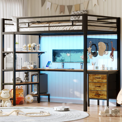 BTHFST Loft Bed Twin Size with L-Shape Desk & RGB LED Lights & Charging Station, Twin Bunk Bed with Fabric Drawers & Shlves, 13.4'' H Safety Guardrail, Noise Free, No Box Spring Needed