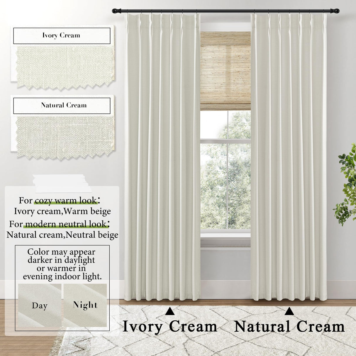 SHINELAND 108 Inch Curtains Long,Pinch Pleated Curtains Blackout Linen Black Out Extra Long Curtains for Living Room Drapes 108 Inches Long 2 Panels,Cream SHINELAND