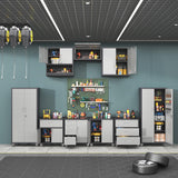OPTYMIRA Metal Garage Cabinets and Storage System, 9-Pcs Workshop Tool Cabinet Set in Gray, Included 3 Pcs Wall Cabinets 6 Pcs Garage Tool Cabinets with Wheels,Assembly Required OPTYMIRA
