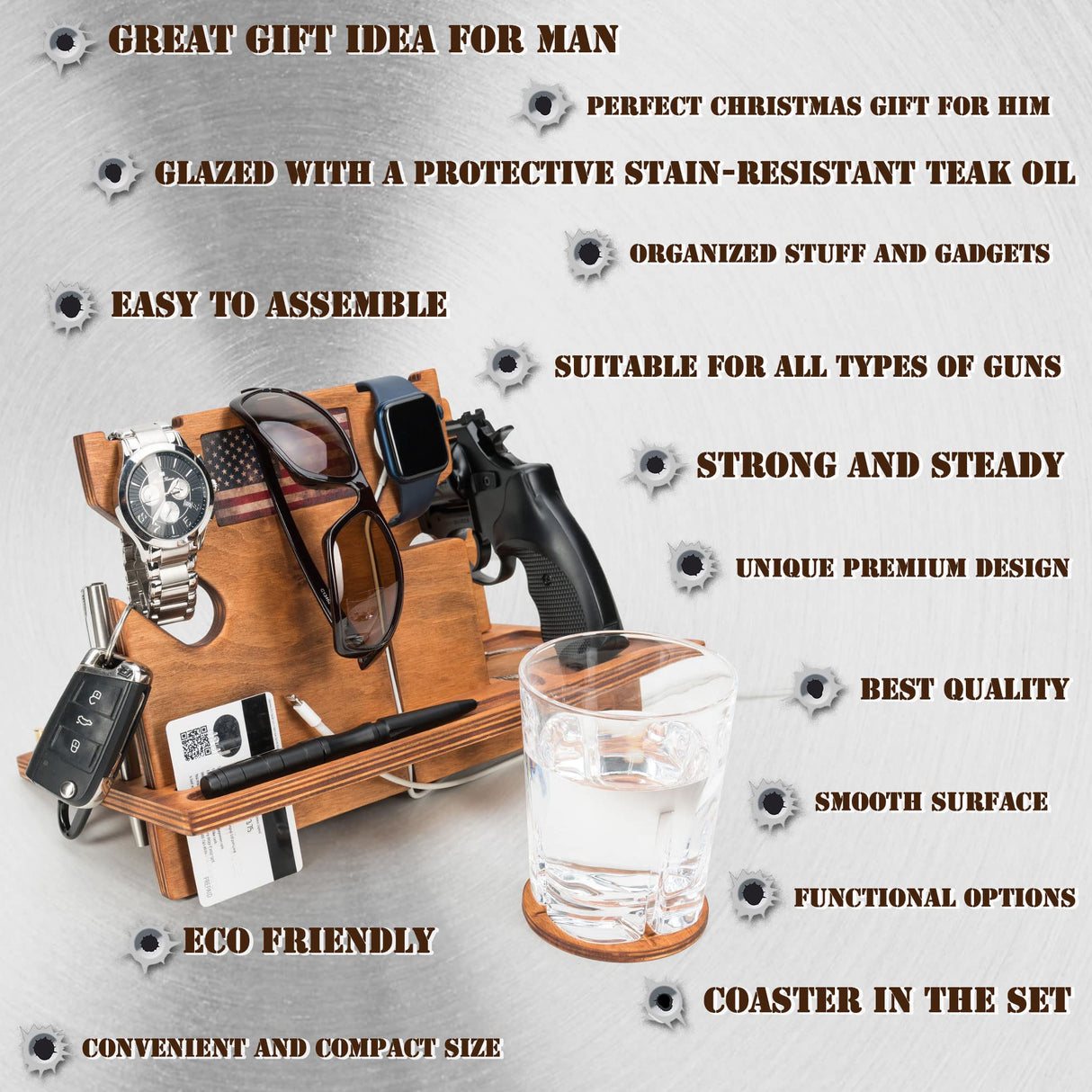 ROSTMARYGIFT Night stand - Gun tray organizer - Wood gun holder with watch charger - Ideal for police officers - Law enforcement gifts for him - Father's day gift ROSTMARYGIFT