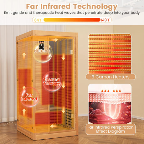 COSTWAY 1-2 Person Far Infrared Wooden Sauna Room, Canadian Hemlock Indoor Low EMF Sauna with Oxygen Ionizer, 9 Carbon Heaters, 4 Light Strips, Tempered Glass Door, Personal Sauna for Home COSTWAY