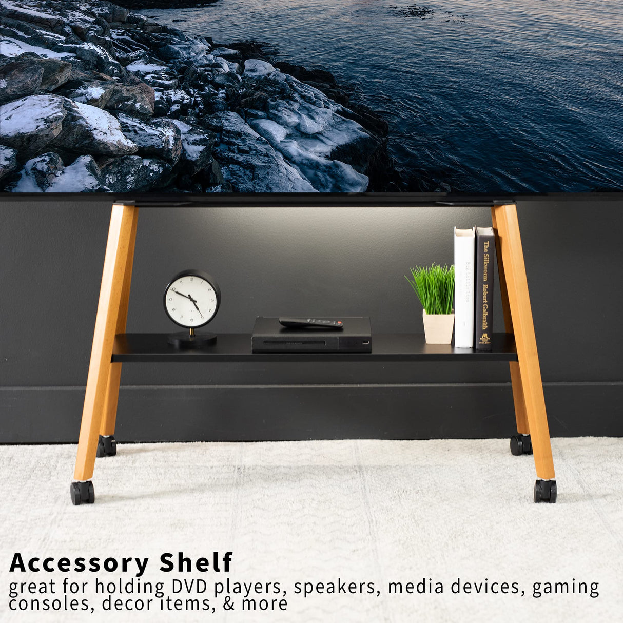 VIVO Rolling Artistic Easel 49 to 75 inch LED LCD Screen Mobile Studio TV Display Stand, Wood Accessory Shelf, Adjustable TV Mount with 4 Walnut Legs, Black Frame, STAND-TV75R VIVO