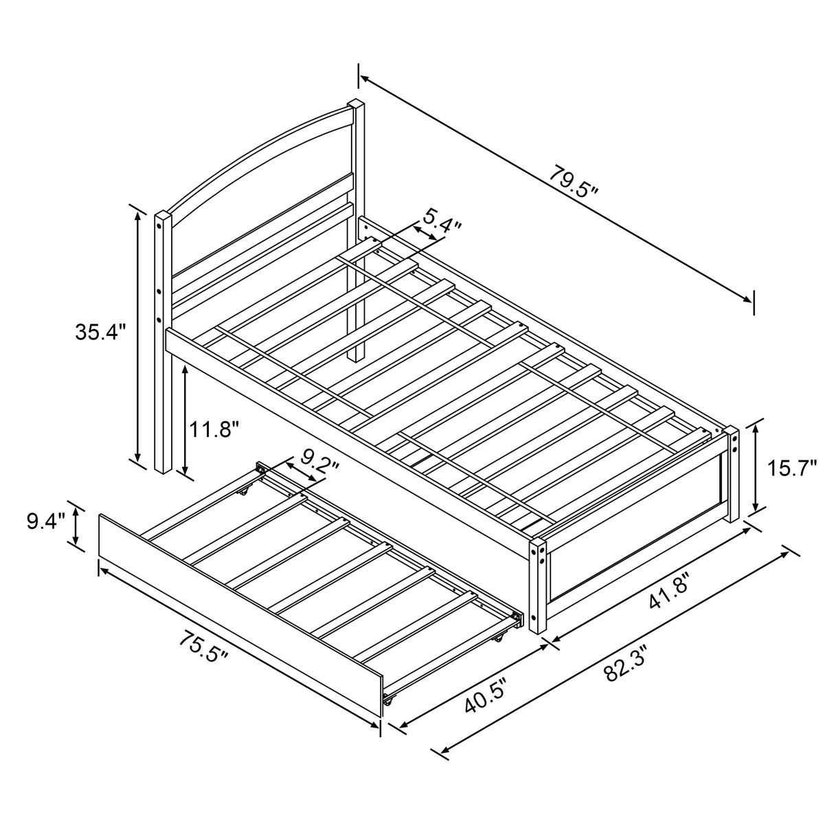 Xilingol Trundle Bed Twin, Solid Wood Bed Frames with Headboard and Wooden Slats Support, Twin Trundle Bed Frame Roll Out, Single Box (No Box Spring Needed), White Xilingol