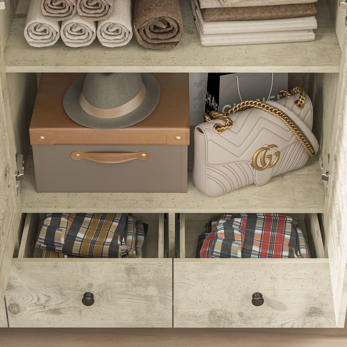 MOUMON 3 Shutter Door Wardrobe Armoire Closet with Shelves and 3 Drawers, Armoire Wardrobe Closet with Hanging Rod, Top Cube Storage, for Bedroom Wood Grain (44.3”W x 19”D x 94.5”H) MOUMON