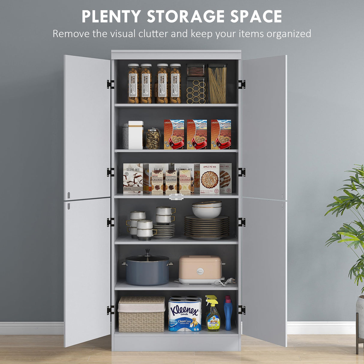 HOMCOM 70" Kitchen Pantry Cabinet, Freestanding Storage Cabinet with 4 Doors and 2 Adjustable Shelves for Dining Room, Gray HOMCOM