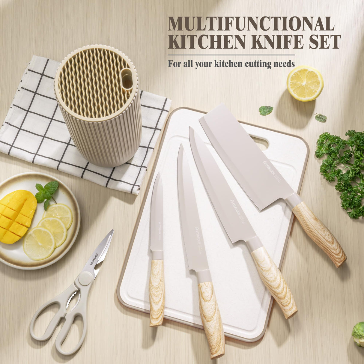 Knife Set, Astercook 6 Piece Khaki Kitchen Knife Set, Non-stick Stainless Steel Knife Block Set, Anti-Rust Dishwasher Safe Knife Set with Block Astercook