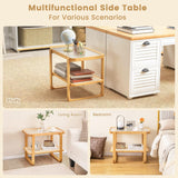 GOFLAME Bamboo Side Table with Glass Top, 2-Tier End Table with PE Rattan Storage Shelf, Home Sofa Side Table, Nightstand Bedside Table, Compact Coffee Table, Accent Table for Bedroom Living Room GOFLAME