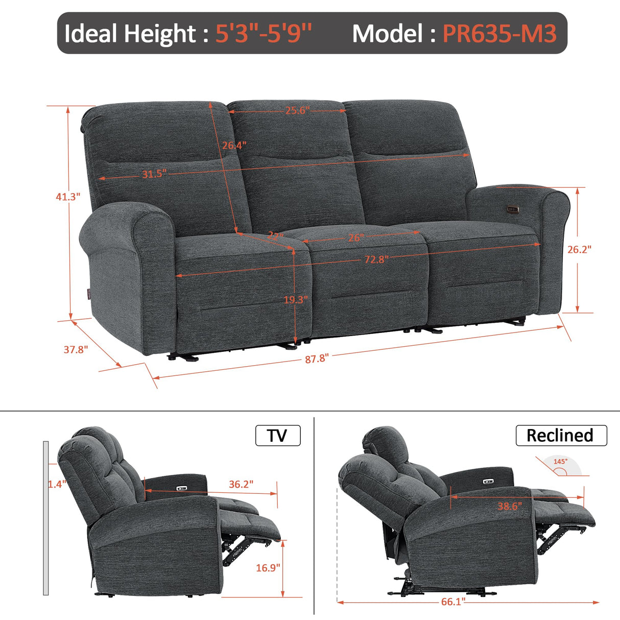 MCombo 87.8" Wall Hugger Power Reclining Sofa with Drop Down Table, 3-Seater Recliner Couch for Small Spaces Living Room RV, USB Ports, Fabric PR635M3 (Dark Grey) MCombo