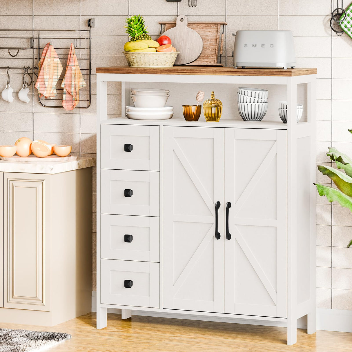 Farmhouse Storage Cabinet with 2 Doors and 4 Drawers, Freestanding Bathroom Storage Cabinet Kitchen Pantry Cabinet, Floor Storage Cabinet Hutch Cupboard for Kitchen/Living Room/Bathroom （Unique White） Befrases