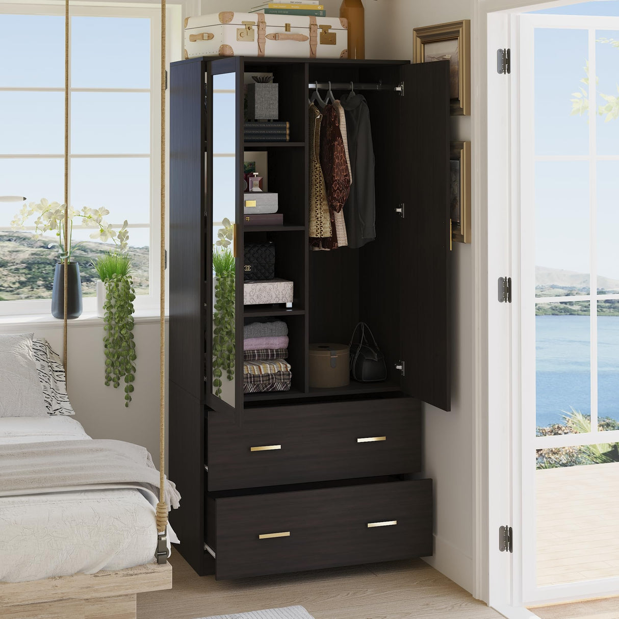AIEGLE 2 Doors Wardrobe Armoire with Mirror, Mirrored Armoire Wardrobe Closet with 2 Drawers, Shelves & Hanging Rod, Bedroom Wooden Clothes Organizer, Dark Brown (31.5" W x 18.9" D x 72" H) AIEGLE