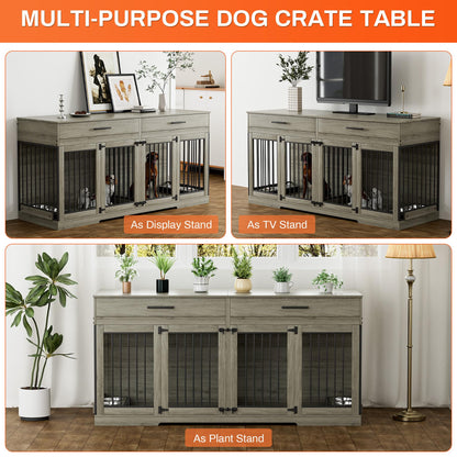 Rophefx Large Dog Crate Furniture for 2 Dogs, 72" Double Dog Kennel Indoor Furniture with 2 Storage Drawers and Removable Divider, Wooden Dog Cage with 4 Bowls, Dog House TV Stand, Rustic Grey