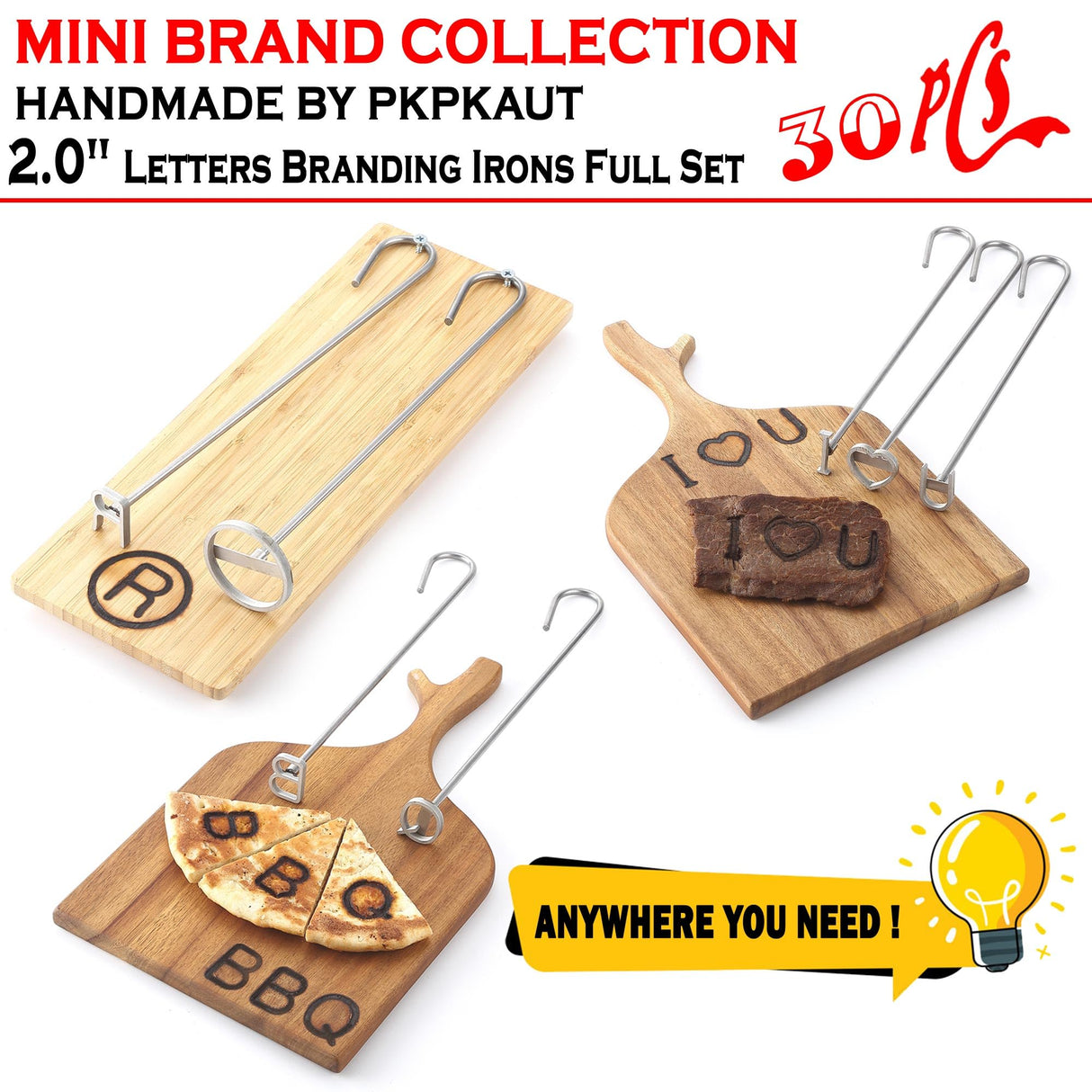 PKPKAUT 30Pcs 2" Letters Custom Wood Branding Iron Personalized for Wood Working, Leather Hats, Steak, BBQ Brander & Bread Logo, Personalized Steak Branding Iron for Food (12" Forged Handle) PKPKAUT