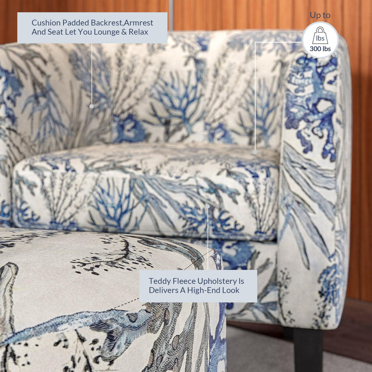 BELLEZE Accent Chair with Ottoman, Curved Back Living Room Chair, Stylish Barrel Club Chair and Footrest Set, Upholstered Round Tub Reading Chair for Bedroom - Lydia (Blue Coral) BELLEZE