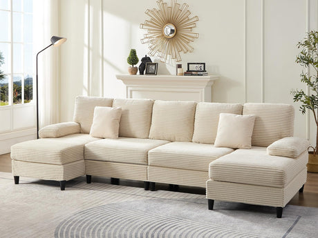 Mjkone 4 Seater Sectional Sofa Couches for Living Room Sets Furniture, 112" Width U-Shaped Corduroy Living Sofa Set with Double Chaises, Sleeper Couch Set with Pillows for Home, Loft, Apartment, Beige Mjkone