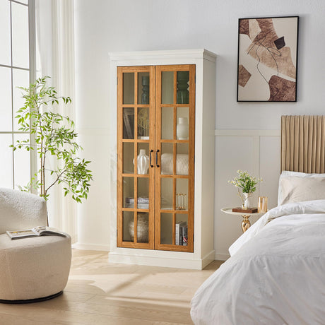 Polibi 71.2" Rustic Display Cabinet with Glass Doors - Curio China Cabinet for Collectibles, Books & Decor, Adjustable Shelves, Fits Living Room, Kitchen, Hallway or Office, White+Brown Polibi