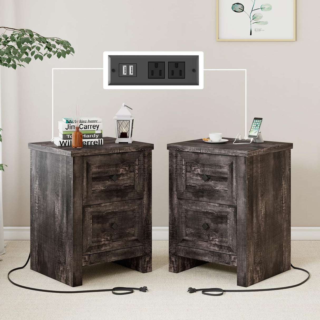 LUXOAK Nightstand Set of 2 with Charging Station, Farmhouse End Table with 2 Drawers Storage Cabinet, Rustic Wood Sofa Side Table for Bedroom, Living Room, Office, Dark Rustic Oak LUXOAK