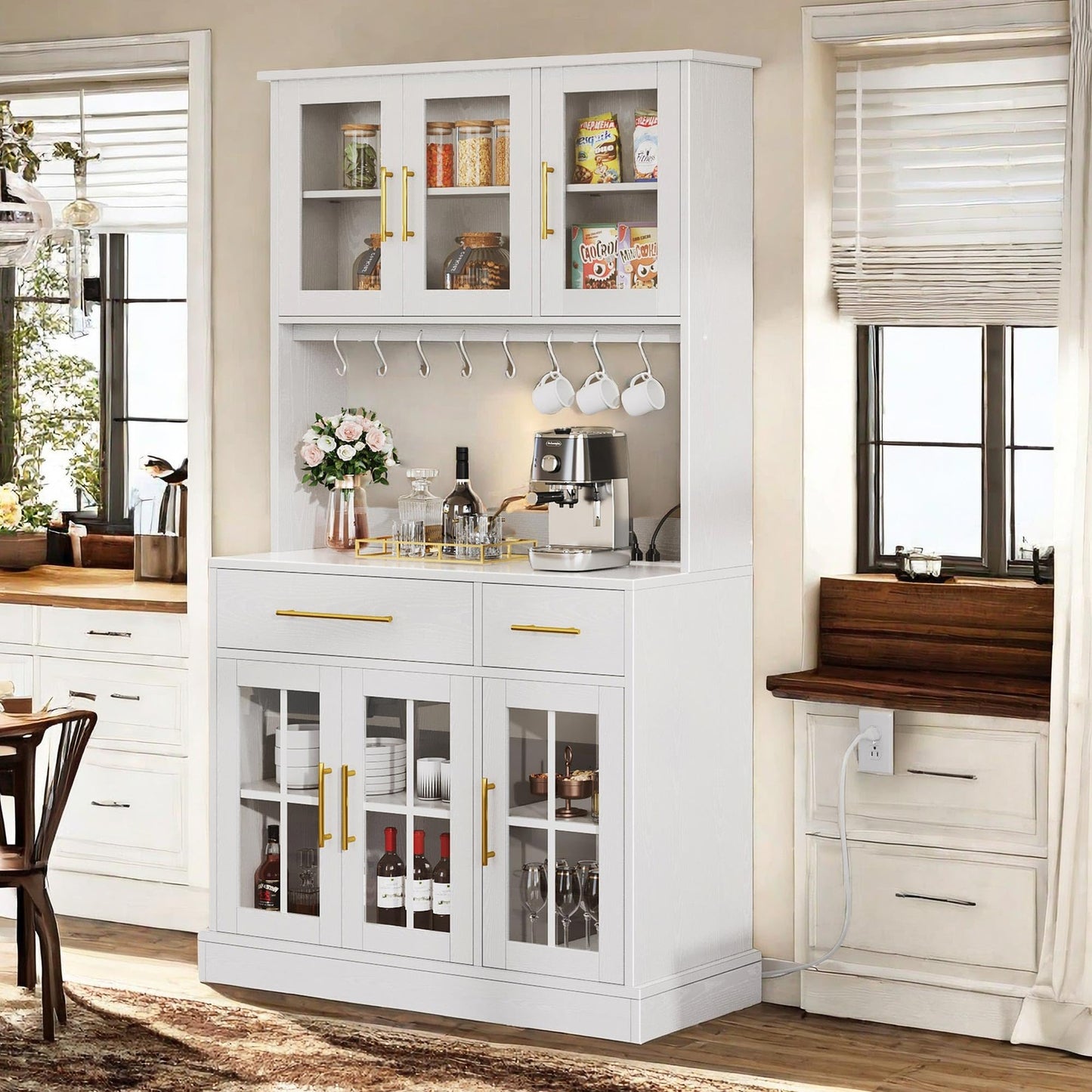 DWVO Kitchen Pantry Storage Cabinet with Microwave Stand, 71'' Tall Kitchen Hutch Cabinet with Power Outlet, Modern Food Pantry Cabinet with Drawers ＆ Shelves for Home, White - WoodArtSupply