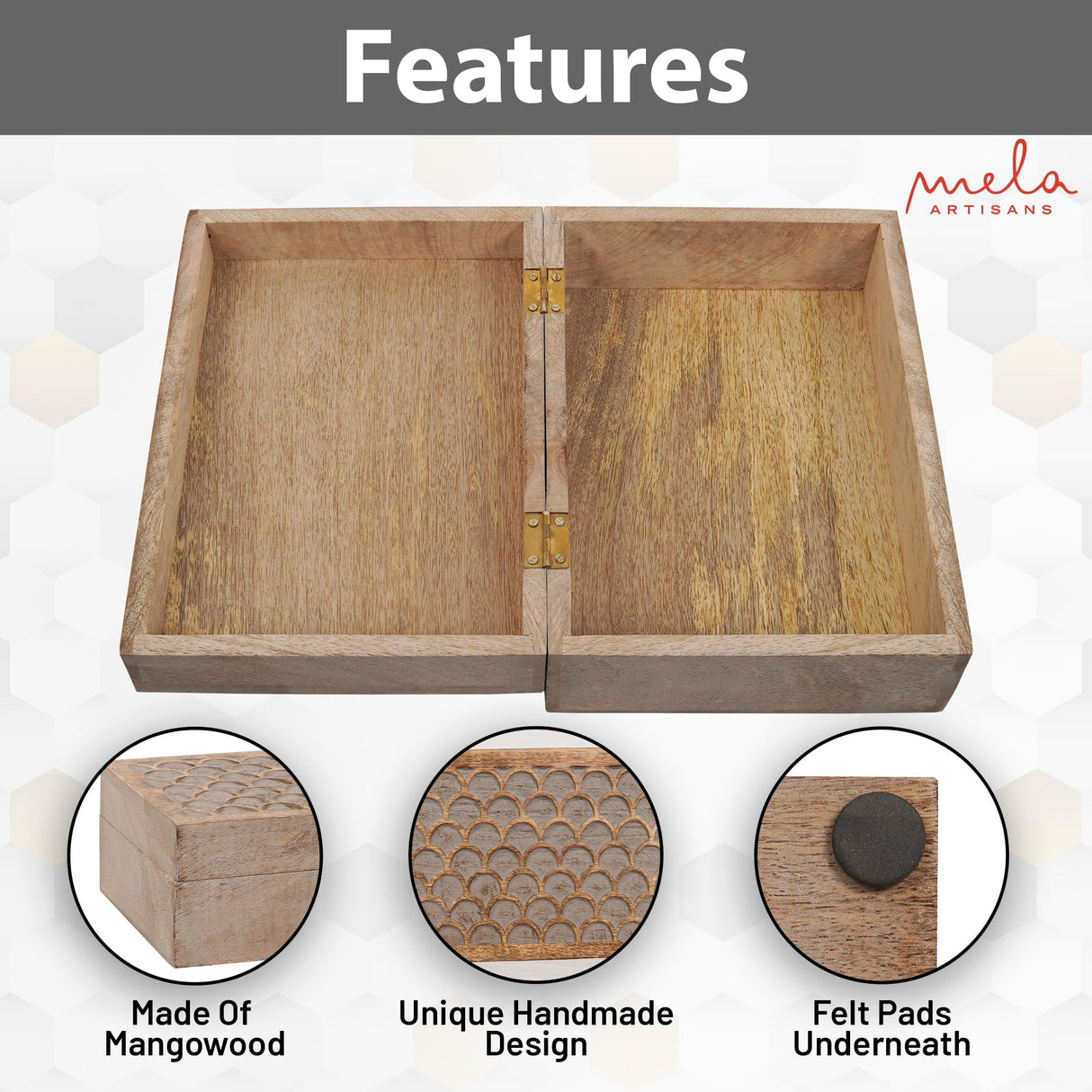 Scallop Wooden Box (Extra Large) - Light Burnt Over Grey Decorative Box w/ Felt Pads Underneath & Wooden Carving - Unique Handmade Mangowood Keepsake Storage Box for Jewelry - 10.5 x 7.5 x 4" Mela Artisans