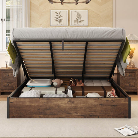 AMERLIFE Lift Up Storage Bed, King Bed Frame with Storage Underneath, Wooden Platform Bed Frame, Solid Wood Slats Support, No Fixed Headboard, No Box Spring Needed, Rustic Brown AMERLIFE