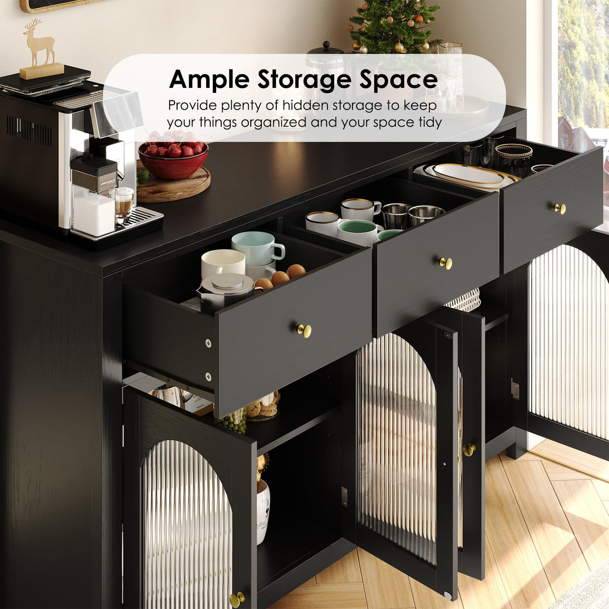 finetones Buffet Cabinet with Storage, 55.1" Large Sideboard Buffet Cabinet, Farmhouse Kitchen Cabinet Display Cabinet with 3 Drawers and 4 Doors, Wood Coffee Bar Cabinet for Kitchen, Black finetones