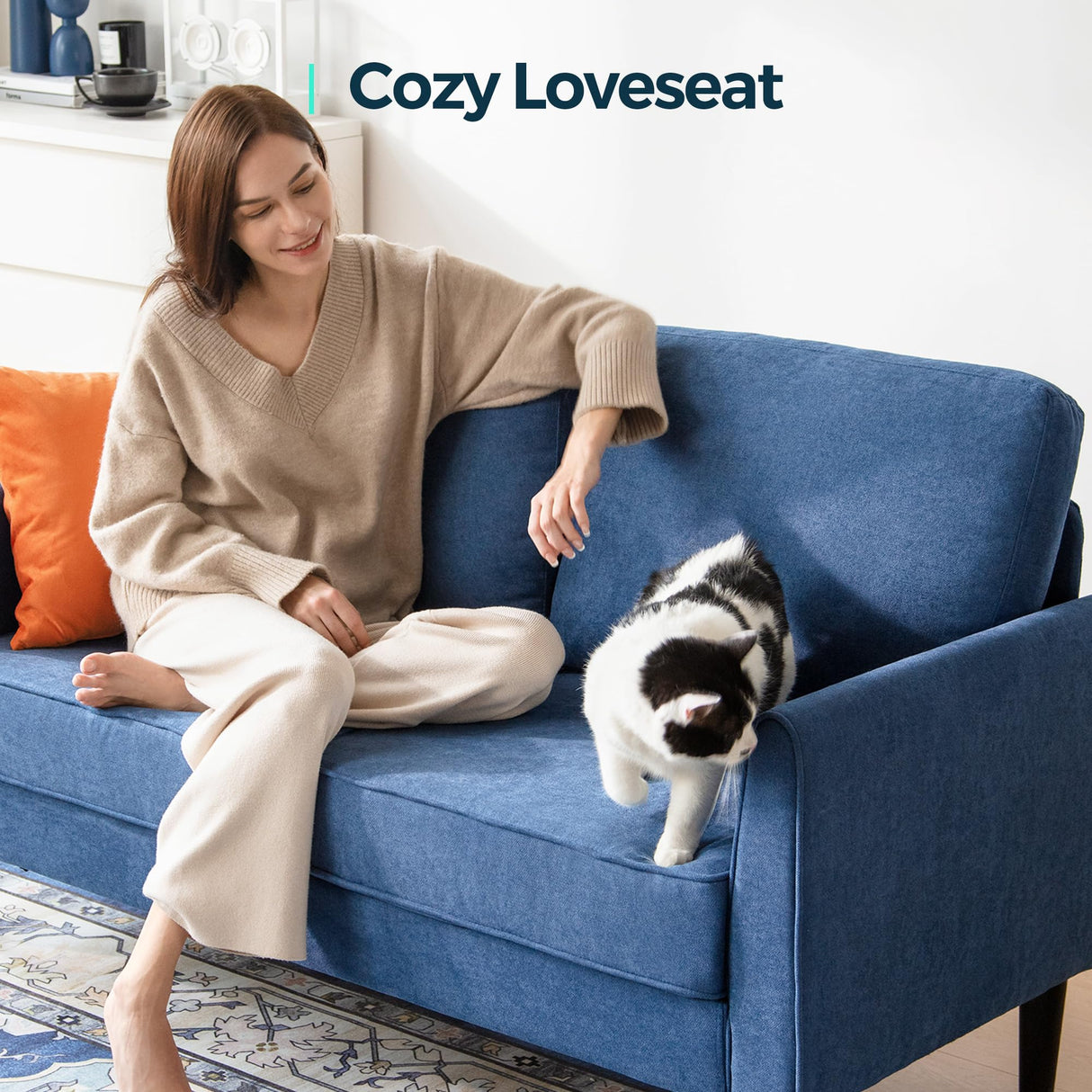 LINSY Loveseat Sofa Couch - Comfy 58" Small Loveseat for Small Spaces Modern Couches with Thick Cushion, Ergonomic Design Soft Sofa for Living Room Bedroom Apartment (Blue) LINSY