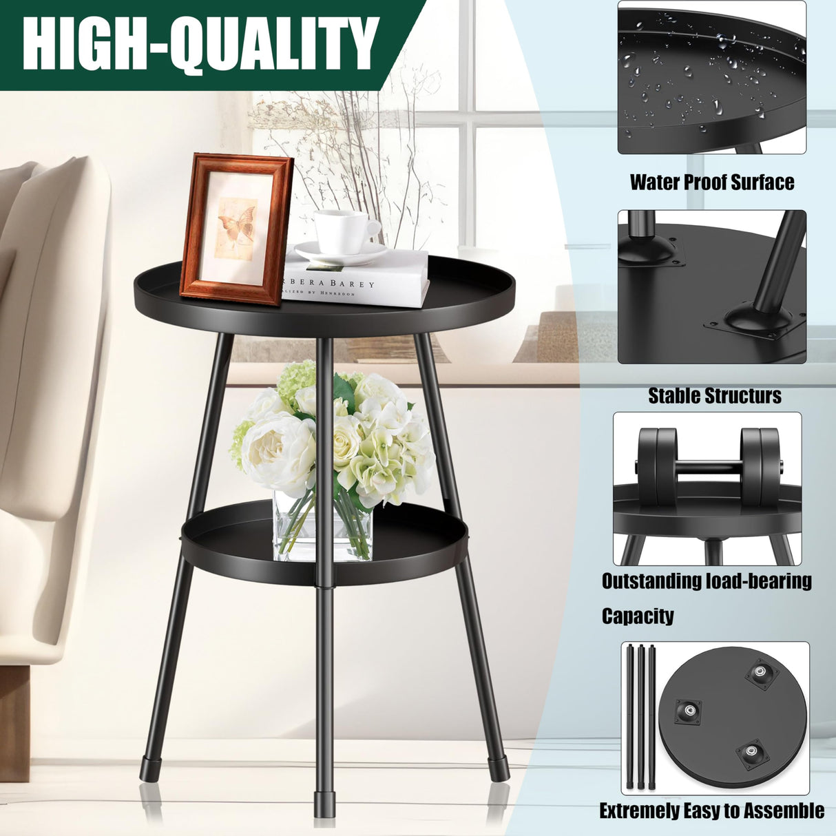 Small Side Table Round 2 Tier End Table Metal Round Coffee Tables Nightstand for Small Spaces Indoor Outdoor and Living Room Bedroom or Office SYQ