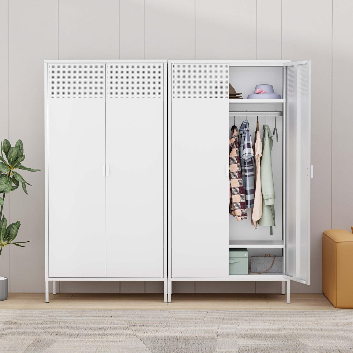 Ustamio White Metal Wardrobe Cabinet with Hanging Rod, Metal Armoire Wardrobe Closet with Doors for Bedroom, Office, Laundry Room and Changing Room, Metal Locker Cabinet Ustamio