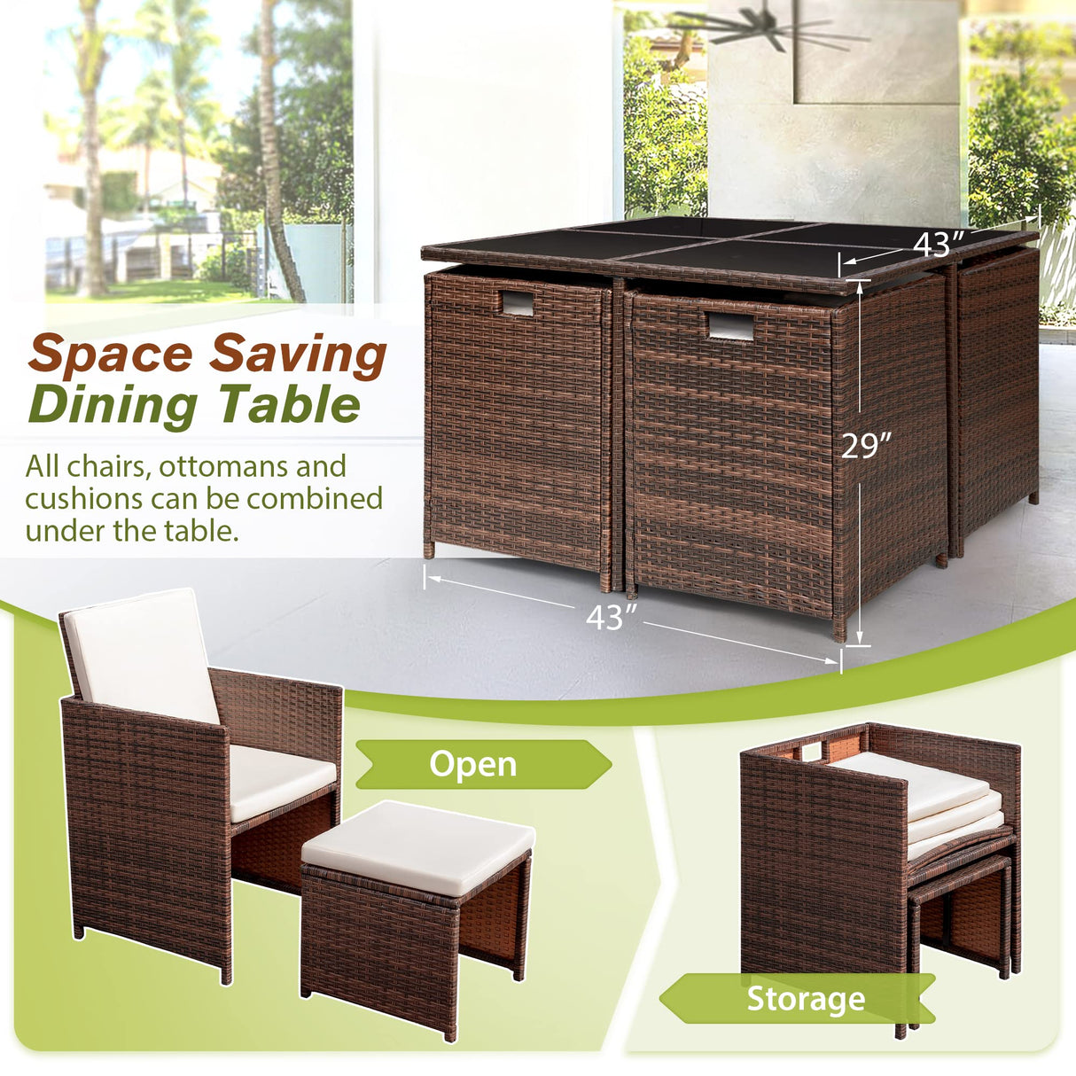 Devoko 9 Pieces Patio Dining Sets Outdoor Space Saving Rattan Chairs with Glass Table Patio Furniture Sets Cushioned Seating and Back Sectional Conversation Set (Beige) Devoko