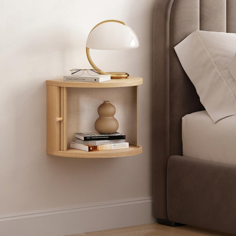 WERMO 16'' Floating Nightstand Shelf with a Sliding Door and Storage - Floating Bedside Shelf Wall Mount, Wall Mounted Wood Nightstand, Mid Century Modern Side Table (Oak) WERMO