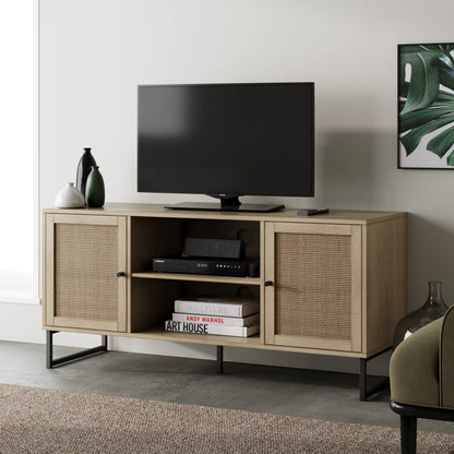 Nathan James 74101 Mina Modern TV Stand, Entertainment Cabinet, Media Console with a Natural Oak Wood Finish and Matte Black Accents with Storage Doors for Living Room or Media Room, Oak/Blac - WoodArtSupply