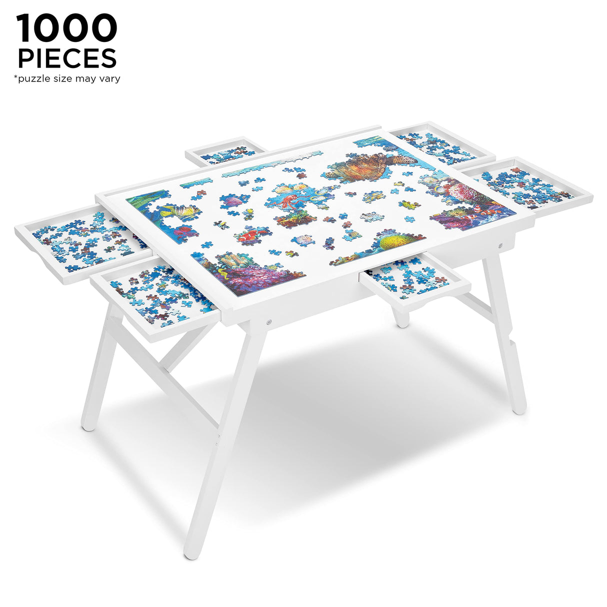 Jumbl 1000-Piece Puzzle Table w/Cover | 23” x 31” Jigsaw Puzzle Board w/Legs 6 Removable Storage & Sorting Drawers | Smooth Plateau Fiberboard Work Surface & Reinforced Hardwood | for Games & Puzzles Jumbl