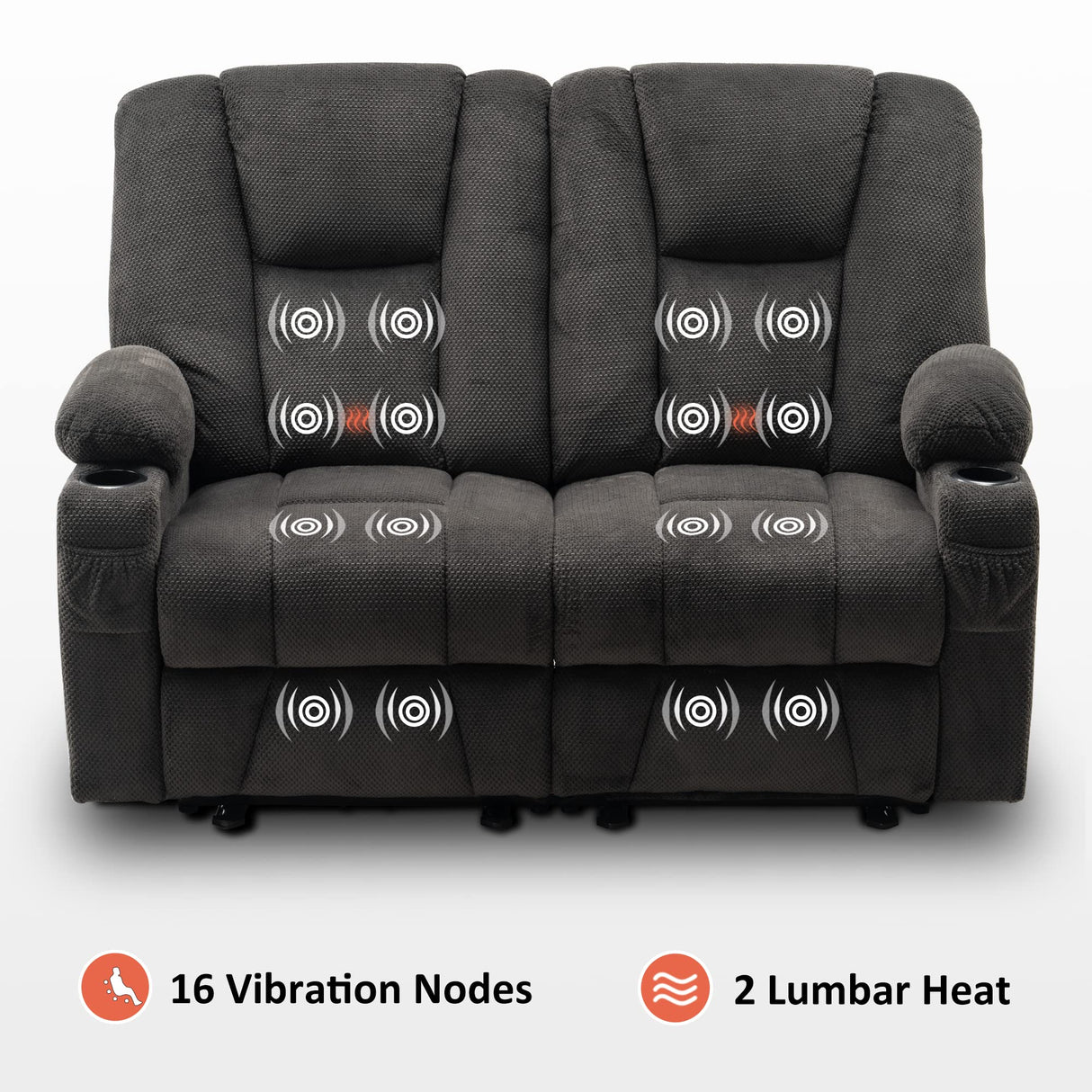 MCombo 61.8" Power Loveseat Recliner with Heat and Vibration, Fabric Electric Reclining Loveseat, USB Charge Port, Cup Holders for Living Room 6025 (Grey) MCombo