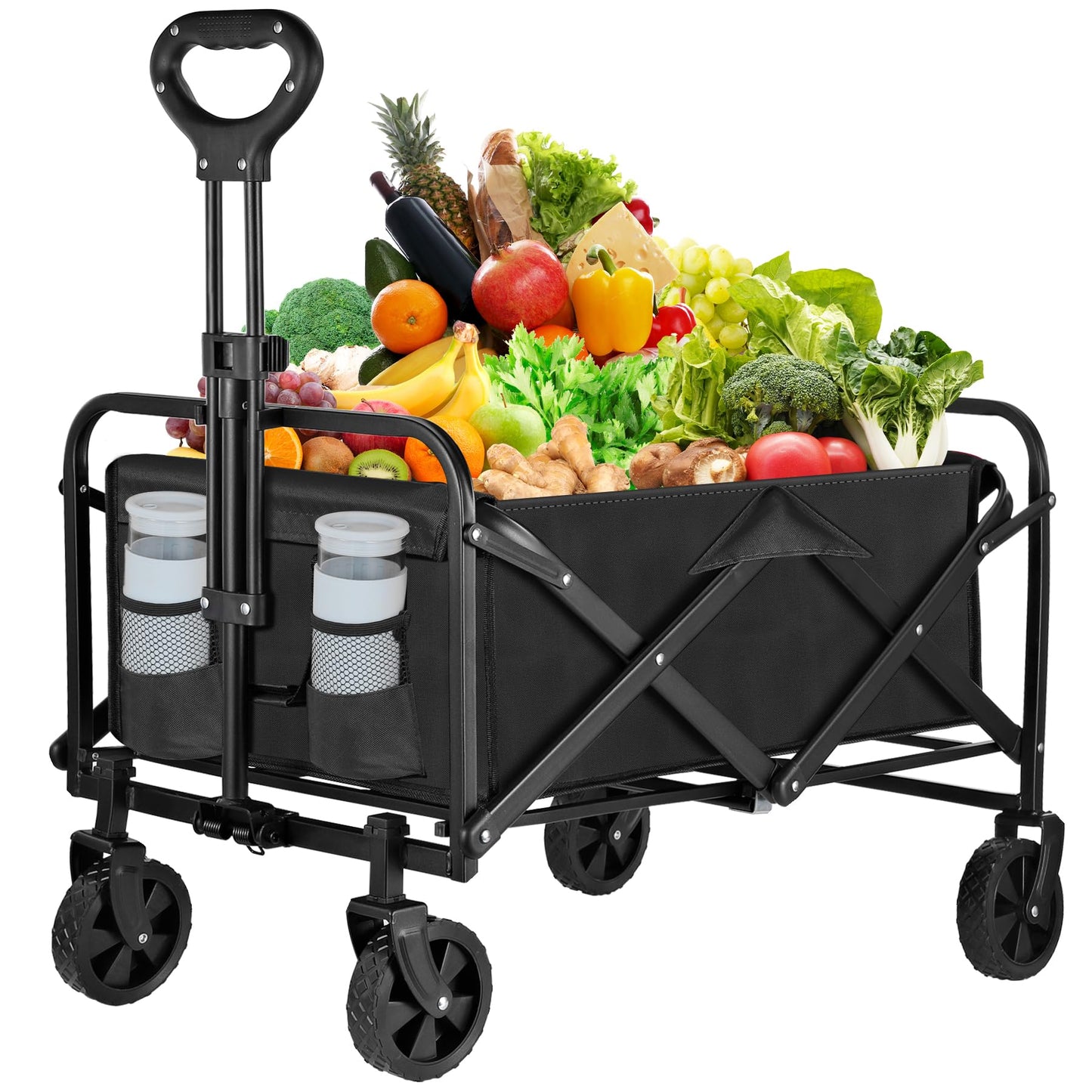 Collapsible Foldable Wagon Cart,Utility Beach Wagon Cart with Drink Holders Large Capacity Protable Grocery Wagon for Garden Shopping Outdoor Camping (Black)