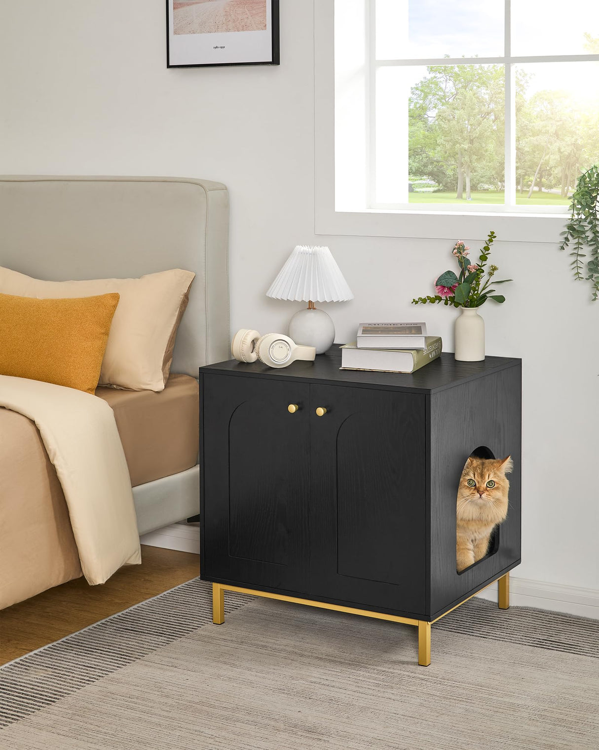Hzuaneri Cat Litter Box Enclosure, Hidden Litter Box Furniture, Wooden Pet House Side End Table, Storage Cabinet Bench, Fit Most Cat and Litter Box, Living Room, Bedroom, Black and Gold CB81204G Hzuaneri