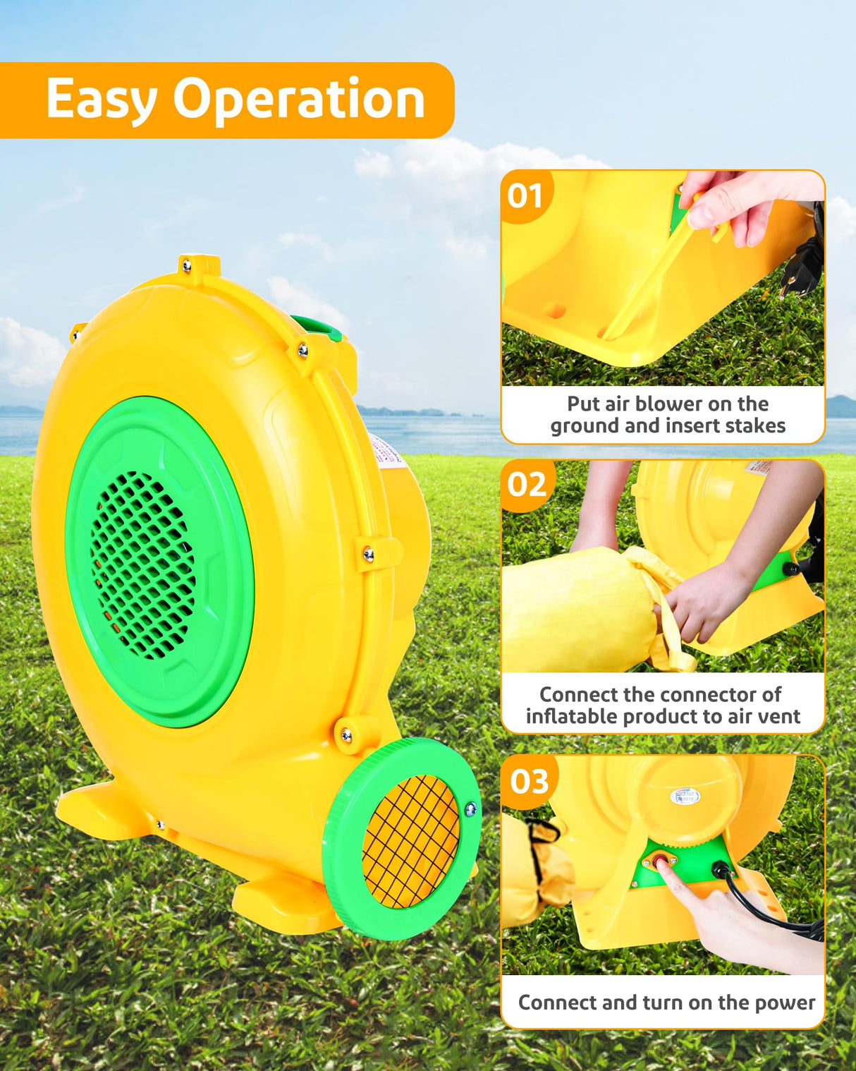 Step4Fun Bounce House Air Blower for Inflatables, 480 Watt ETL Certified Electric Blower, Perfect for Inflatable Bounce House Water Slide and Bouncy Castle Indoor & Outdoor Yellow Step4Fun