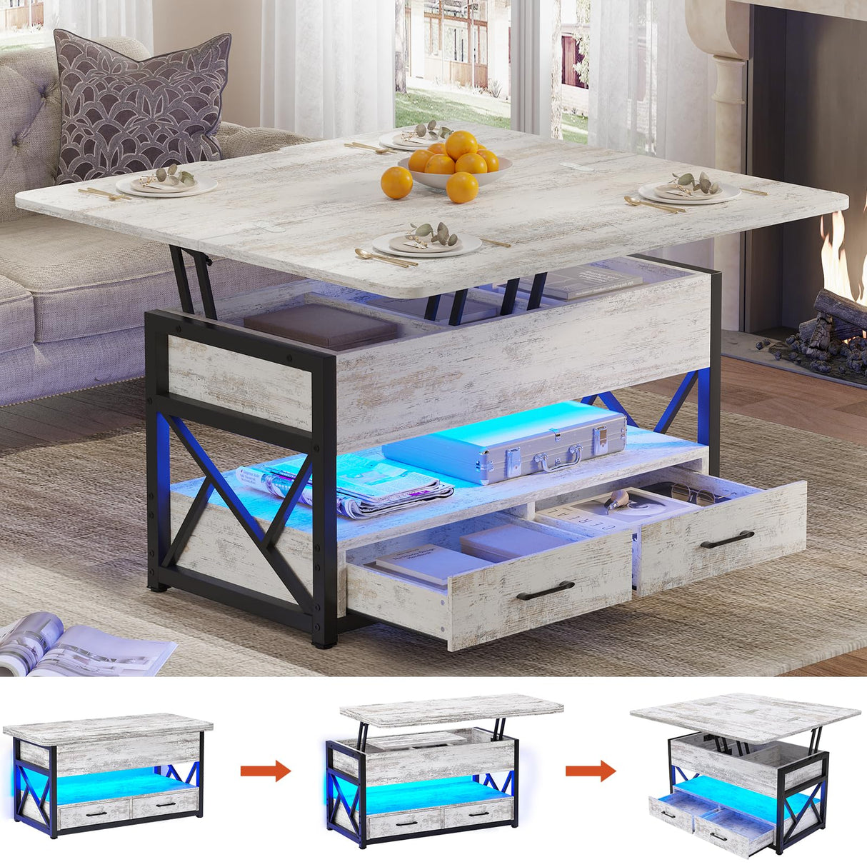 Itaar 40" Lift Top Coffee Table, 4 in 1 White Coffee Tables with Storage for Living Room, Small Coffee Table with 2 Drawers & LED Light for Dining Room, White Itaar