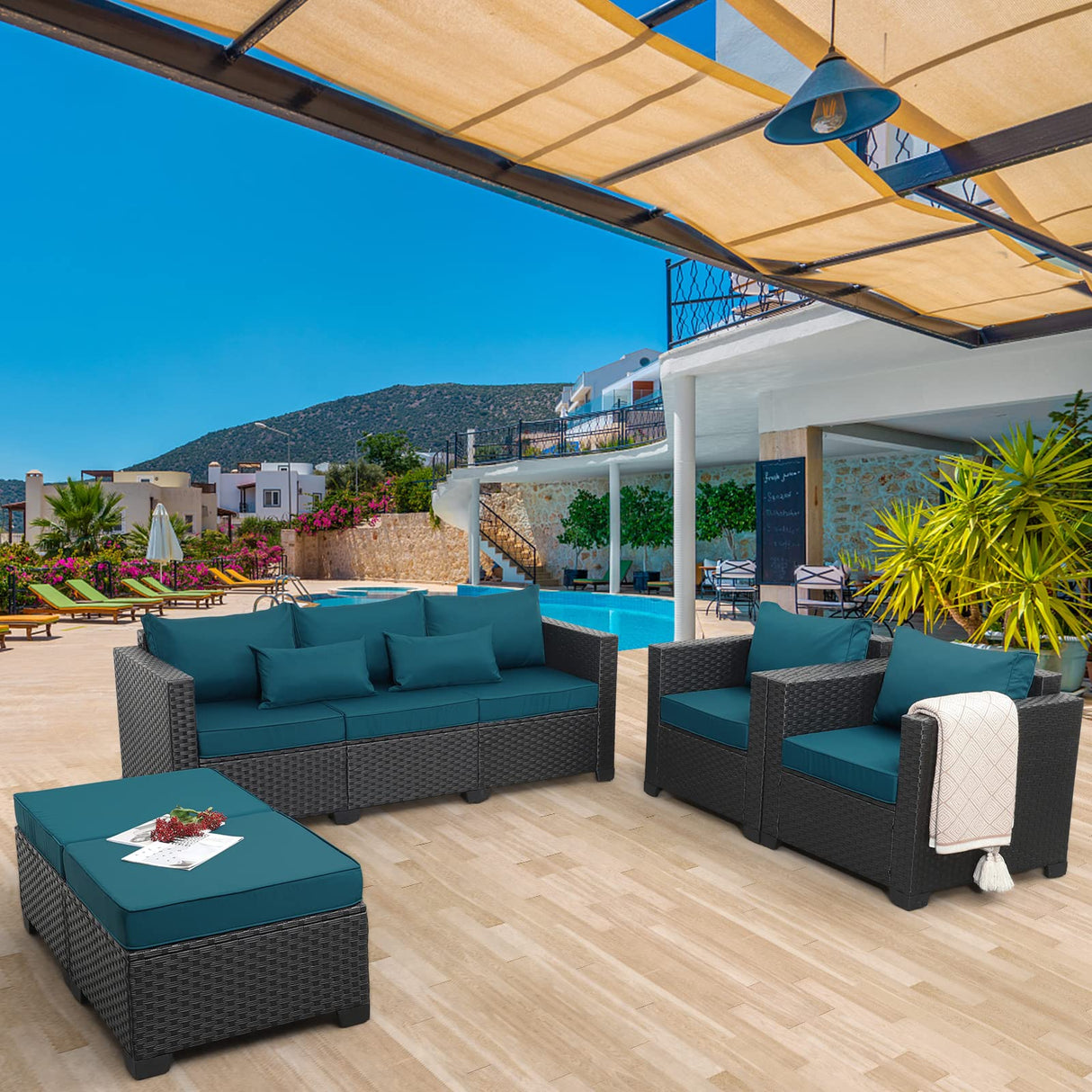 Rattaner Patio Furniture Set 5-Piece Outdoor Furniture Sets Patio Couch Outdoor Chairs Patio Ottomans with Anti-Slip Cushions and Waterproof Covers, Peacock Blue Rattaner