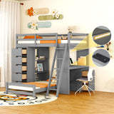 CKLMMC Twin Over Twin Bunk Bed with LED Light, USB Ports, Desks, Bookshelves, and 5 Drawers in Gray CKLMMC